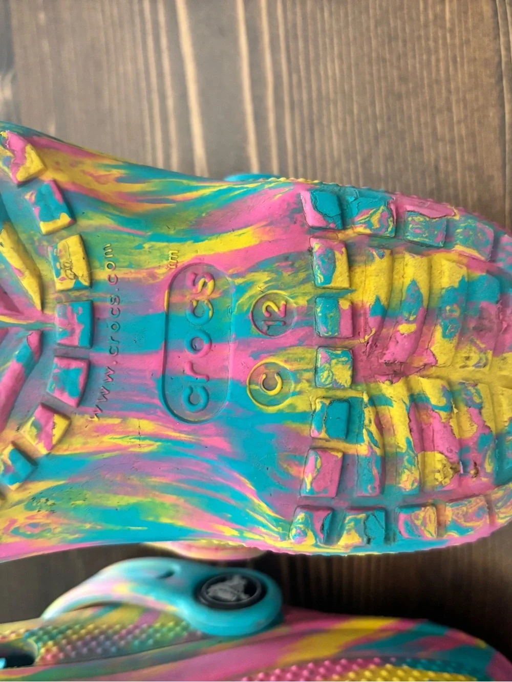 CROCS Kids Teal Water Clogs with Pink and Yellow Swirl